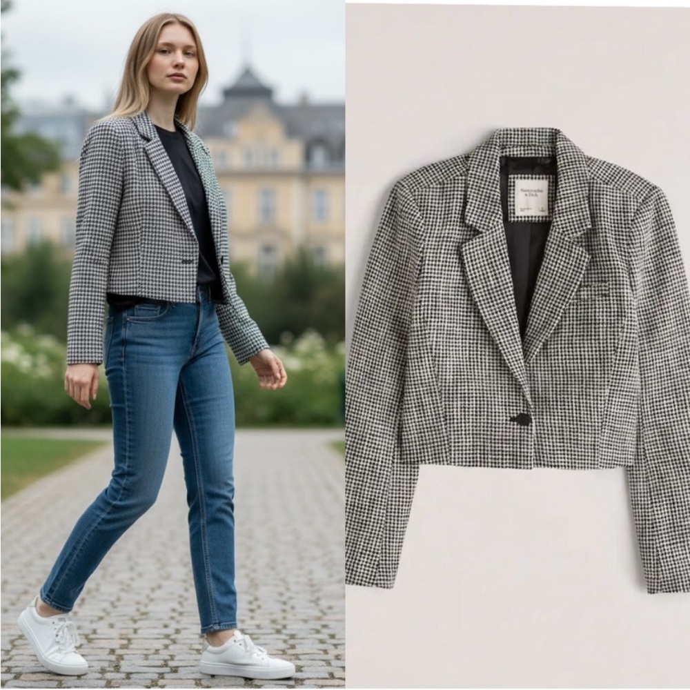 Abercrombie & Fitch Cropped Houndstooth Tweed Blazer Jacket Black & White Sz M